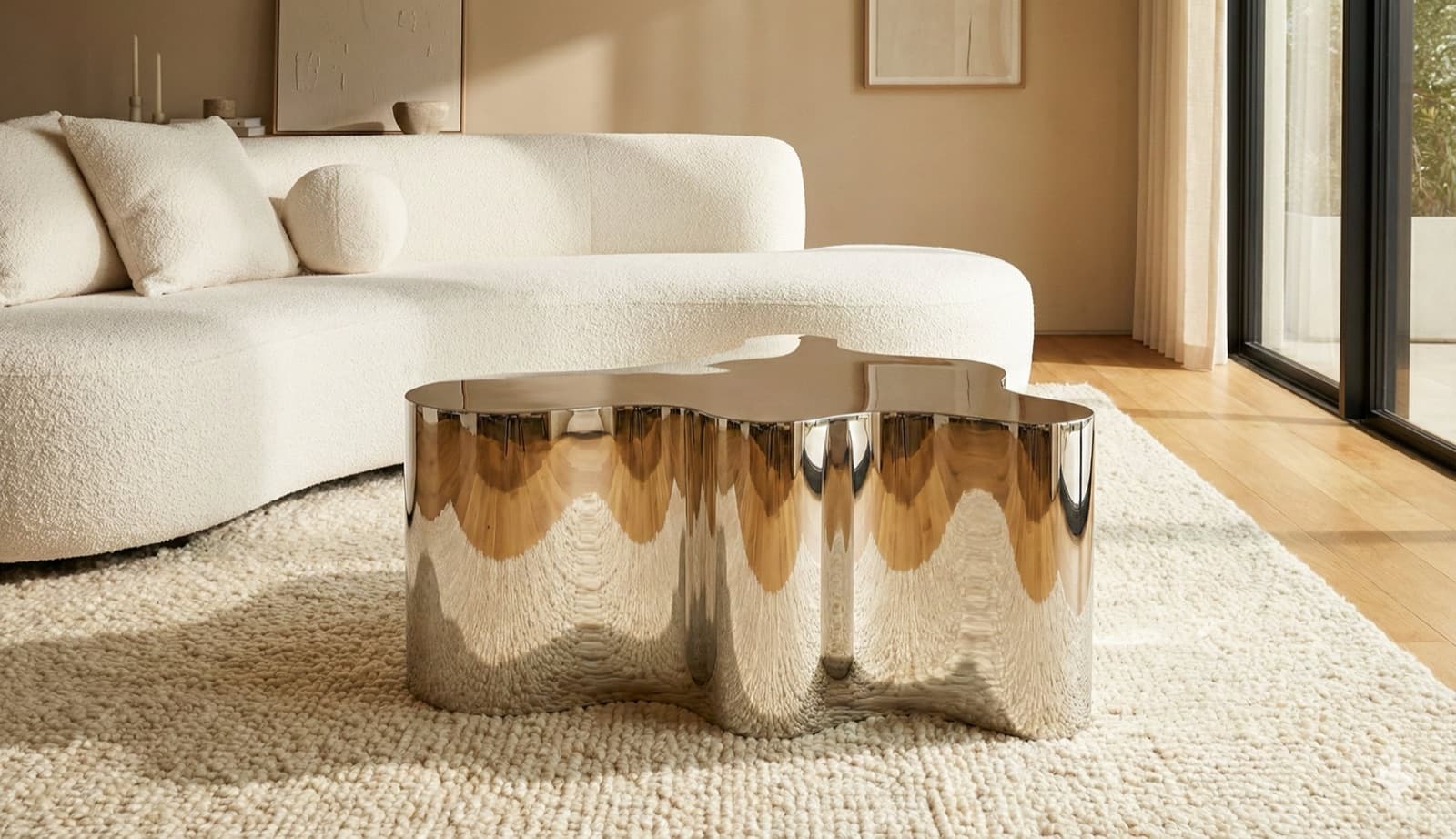 The True C beside a curved bouclé sofa